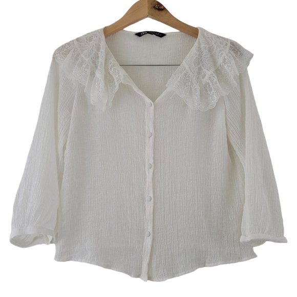 Zara Tops - ZARA Womens Sz S Blouse Button Up Long Sleeve Oyster White Top Peasant Romantic